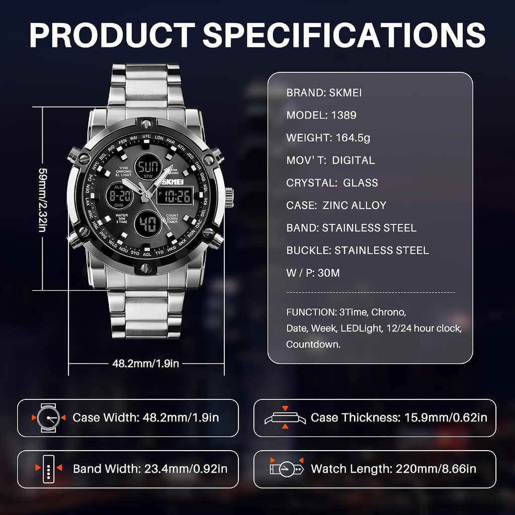 SKMEI Mens Wrist Watch, Waterproof Military Analog Digital Watches with LED Multi Time Chronograph, Stainless Steel Business Watches for Men