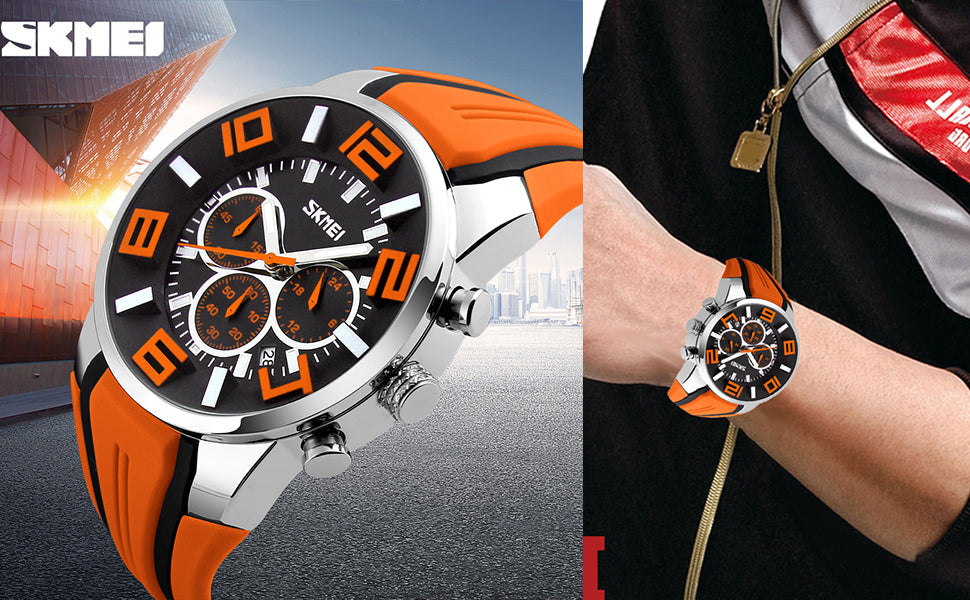 SKMEI Men Watches Silicone Band Young Waterproof Sports Fashion Casual Large Big Face Chronograph Luxury Luminous Analog Quartz Black Wrist Watch Gifts