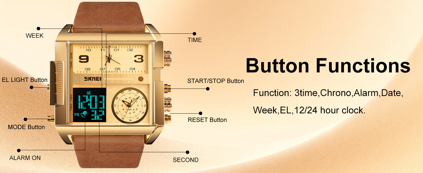 SKMEI Men's Digital Sports Watch, LED Square Large Face Analog Quartz Wrist Watch with Multi-Time Zone Waterproof Stopwatch