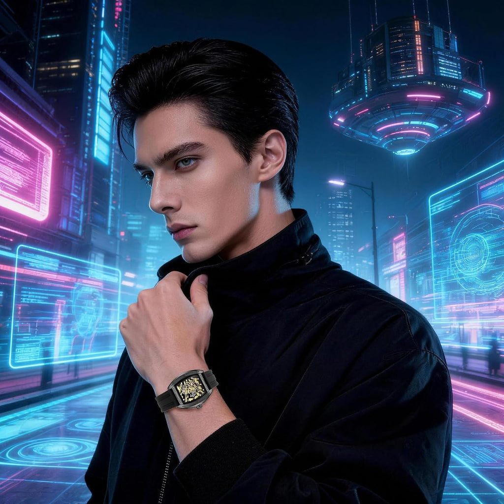 SKMEI Watches for Men,Luxury Square Mechanical Skeleton Mens Watches with 3ATM Waterproof Luminous Silicone Strap Janpanese Movement Wrist Watch