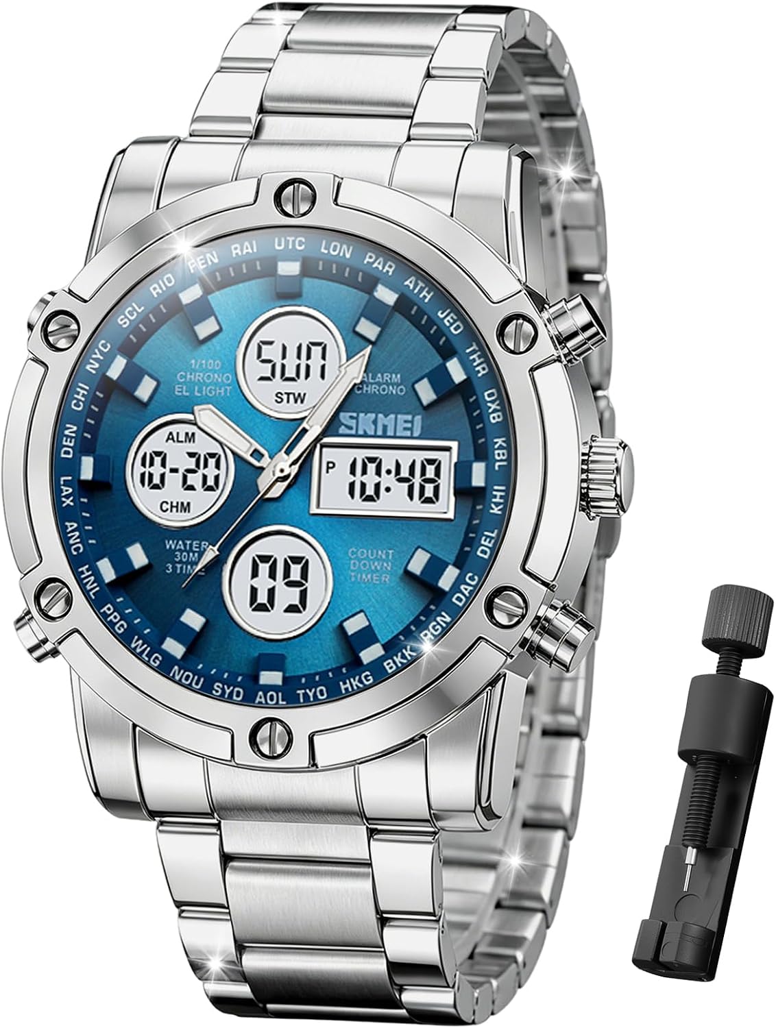 SKMEI Mens Wrist Watch, Waterproof Military Analog Digital Watches with LED Multi Time Chronograph, Stainless Steel Business Watches for Men